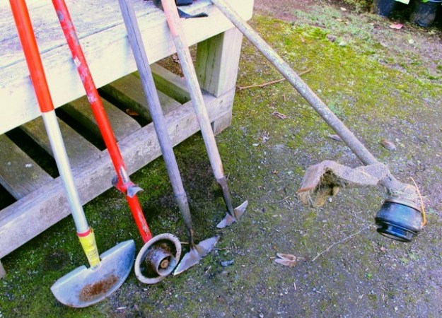 Edging tools, push hoes and our well-used petrol powered line trimmer