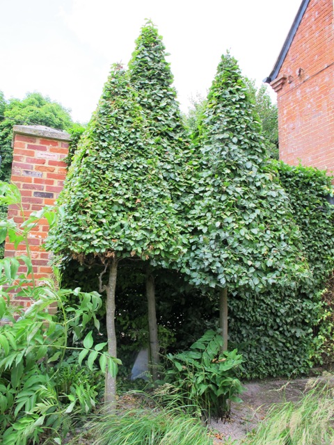 Pyramids on stilts give an accent point, a breathing space between two very different gardens at Bury Court. 