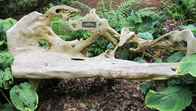 A natural-formed seat in the stumpery at Wisley, though it would look better without the dedication plaque